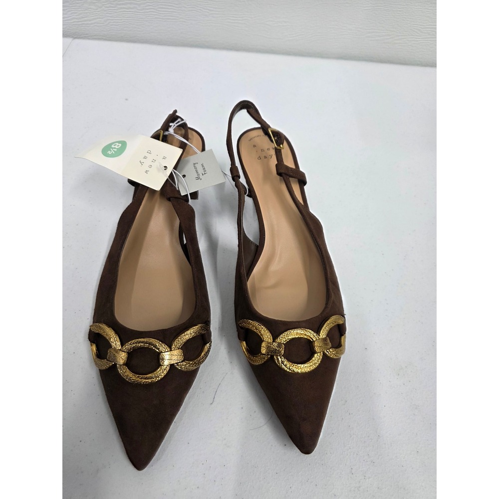 A New Day Womens Brown Faux Suede Gold Chain Slingback Kitten Heel Pumps 8.5